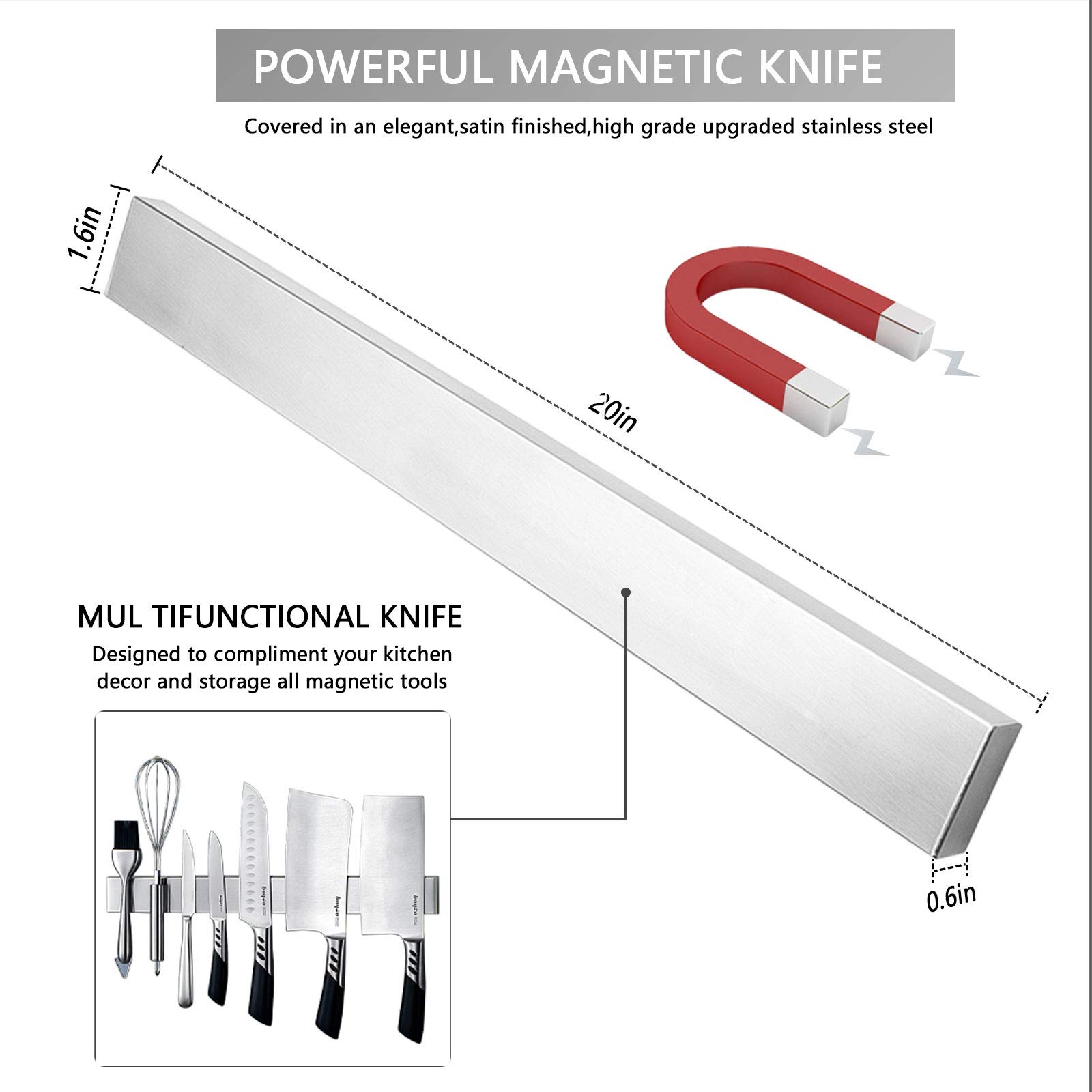 Magnetic Knife Holder, VanlonPro Stainless Steel Knife Magnetic Strip for Wall, Heavy Duty Magnet Strip for Knives, Magnetic Tool Organizer, Kitchen Utensil Holder, Easy Install Rack (20 Inch, Silver)