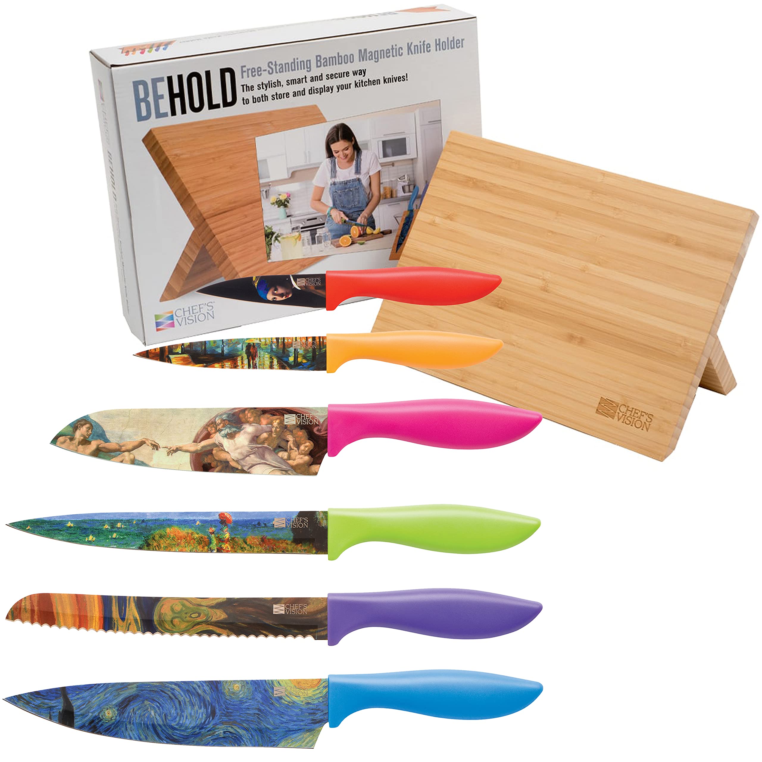 CHEF'S VISION Masterpiece Knife Set Bundled With BEHOLD Free Standing Magnetic Holder Bamboo