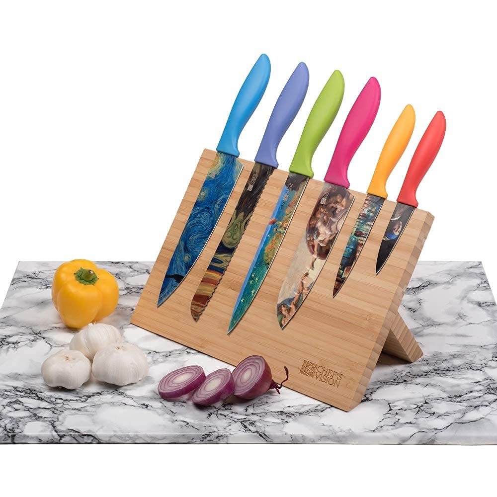 CHEF'S VISION Masterpiece Knife Set Bundled With BEHOLD Free Standing Magnetic Holder Bamboo