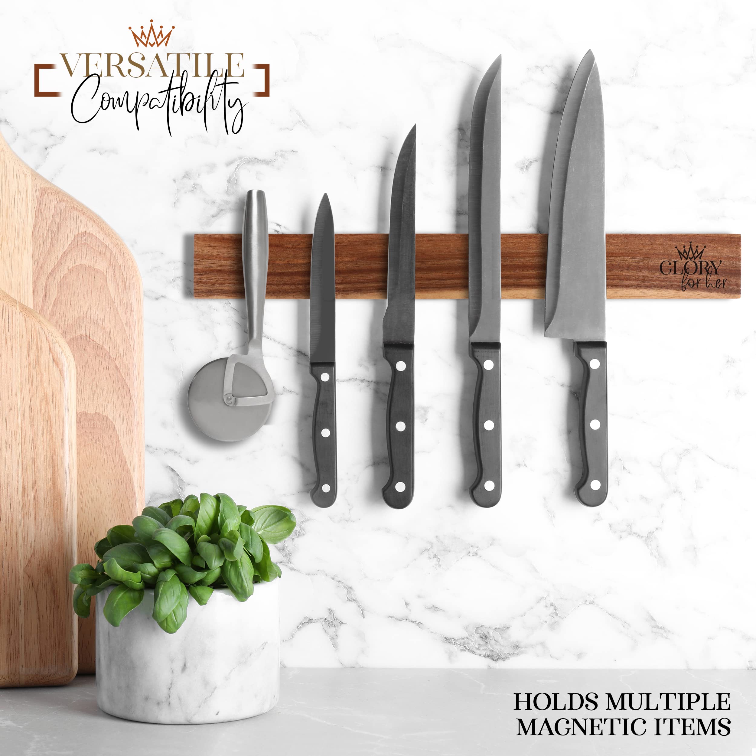 Magnetic Knife Holder for Wall - Wooden Magnetic Knife Holder - 15.7 Inch Acacia Wood Knife Holder - Kitchen Magnetic Knife Strip - Strong Magnetic Knife Bar - Space-saving Knife Rack