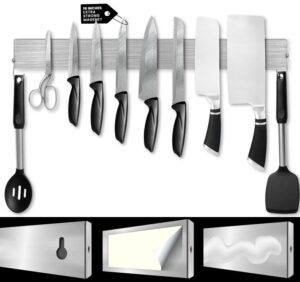 homefer magnetic knife holder for wall - 15.7 inches - stainless steel multifunctional magnetic strip for organizing kitchen utensils - glue, 2 side hooks & foam adhesive strip included - no drilling!