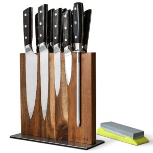 Filligs Magnetic Knife Block Holder with Stone Sharpener - Acacia Wood Kitchen Magnetic Knife Stand Rack with Powerful Double Sided 3 Magnets Strip - Knives Not Included