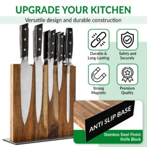 Filligs Magnetic Knife Block Holder with Stone Sharpener - Acacia Wood Kitchen Magnetic Knife Stand Rack with Powerful Double Sided 3 Magnets Strip - Knives Not Included