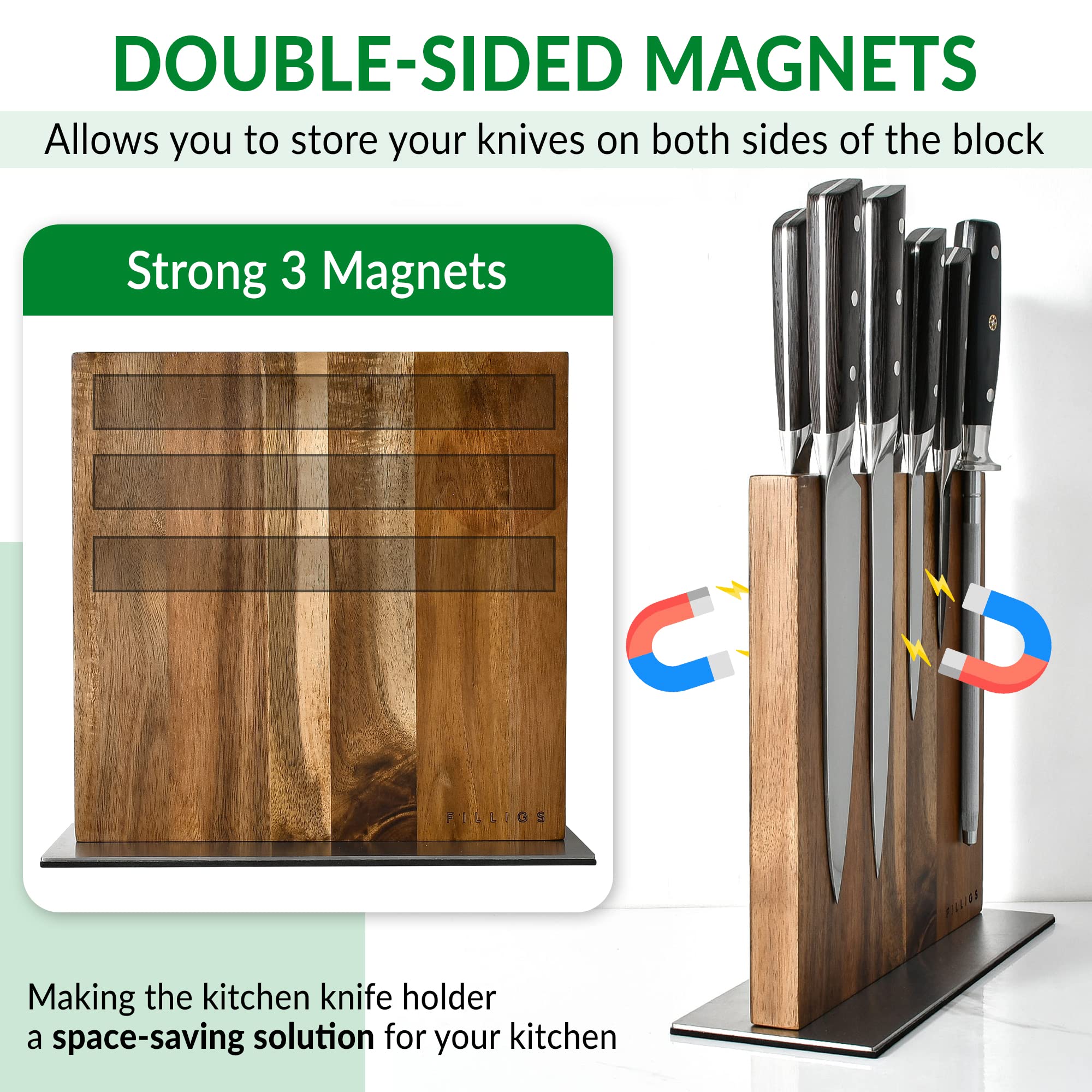 Filligs Magnetic Knife Block Holder with Stone Sharpener - Acacia Wood Kitchen Magnetic Knife Stand Rack with Powerful Double Sided 3 Magnets Strip - Knives Not Included