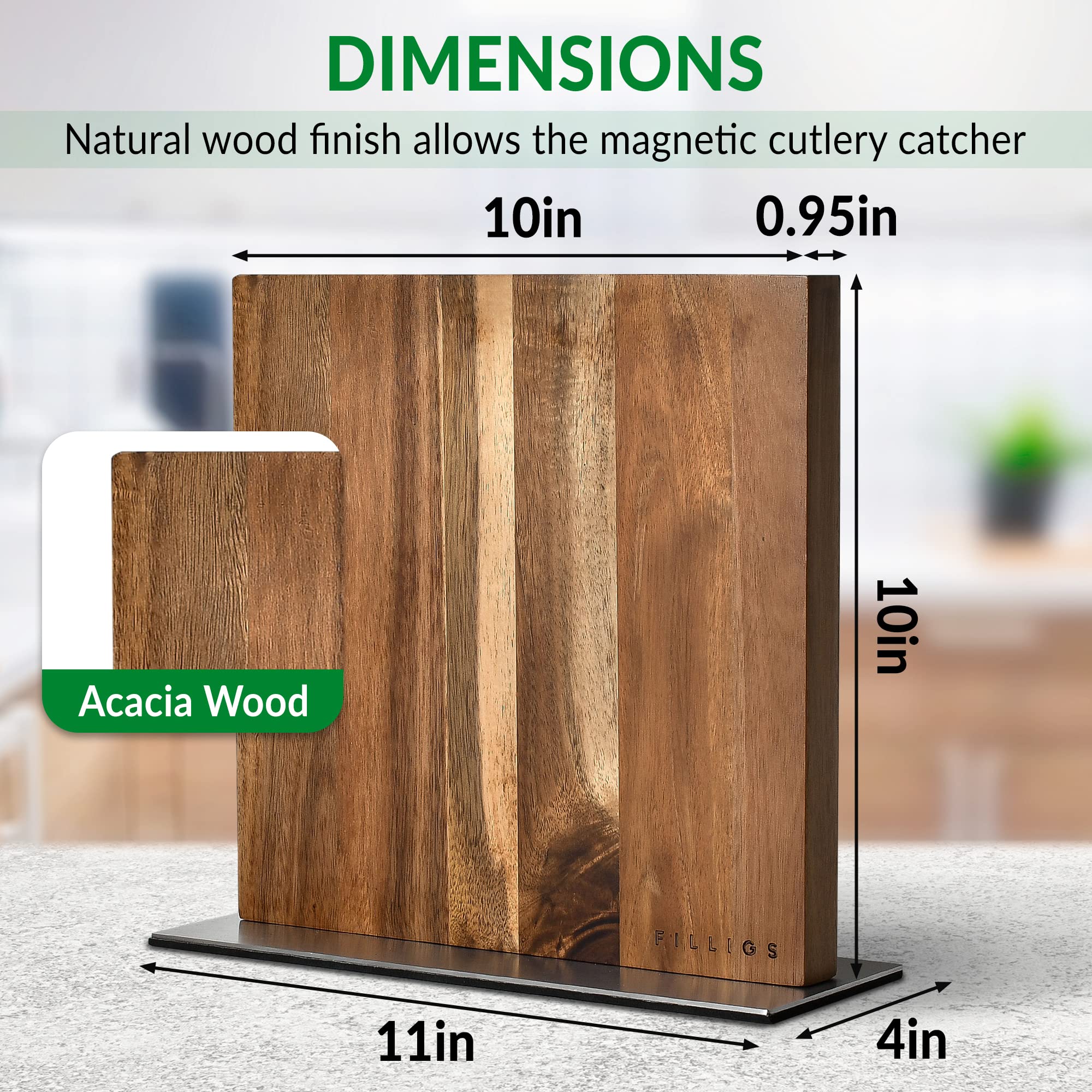 Filligs Magnetic Knife Block Holder with Stone Sharpener - Acacia Wood Kitchen Magnetic Knife Stand Rack with Powerful Double Sided 3 Magnets Strip - Knives Not Included