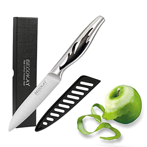 BECOKAY Paring Knife with Sheath, 4 Inch Sharp Peeling Fruits Knives, Portable Bread Knives, High Carbon German Stainless Steel Kitchen Knife with Full-tang Handle for Gift Fruit Meat Outdoor