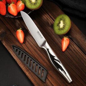 BECOKAY Paring Knife with Sheath, 4 Inch Sharp Peeling Fruits Knives, Portable Bread Knives, High Carbon German Stainless Steel Kitchen Knife with Full-tang Handle for Gift Fruit Meat Outdoor