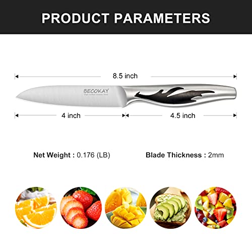 BECOKAY Paring Knife with Sheath, 4 Inch Sharp Peeling Fruits Knives, Portable Bread Knives, High Carbon German Stainless Steel Kitchen Knife with Full-tang Handle for Gift Fruit Meat Outdoor