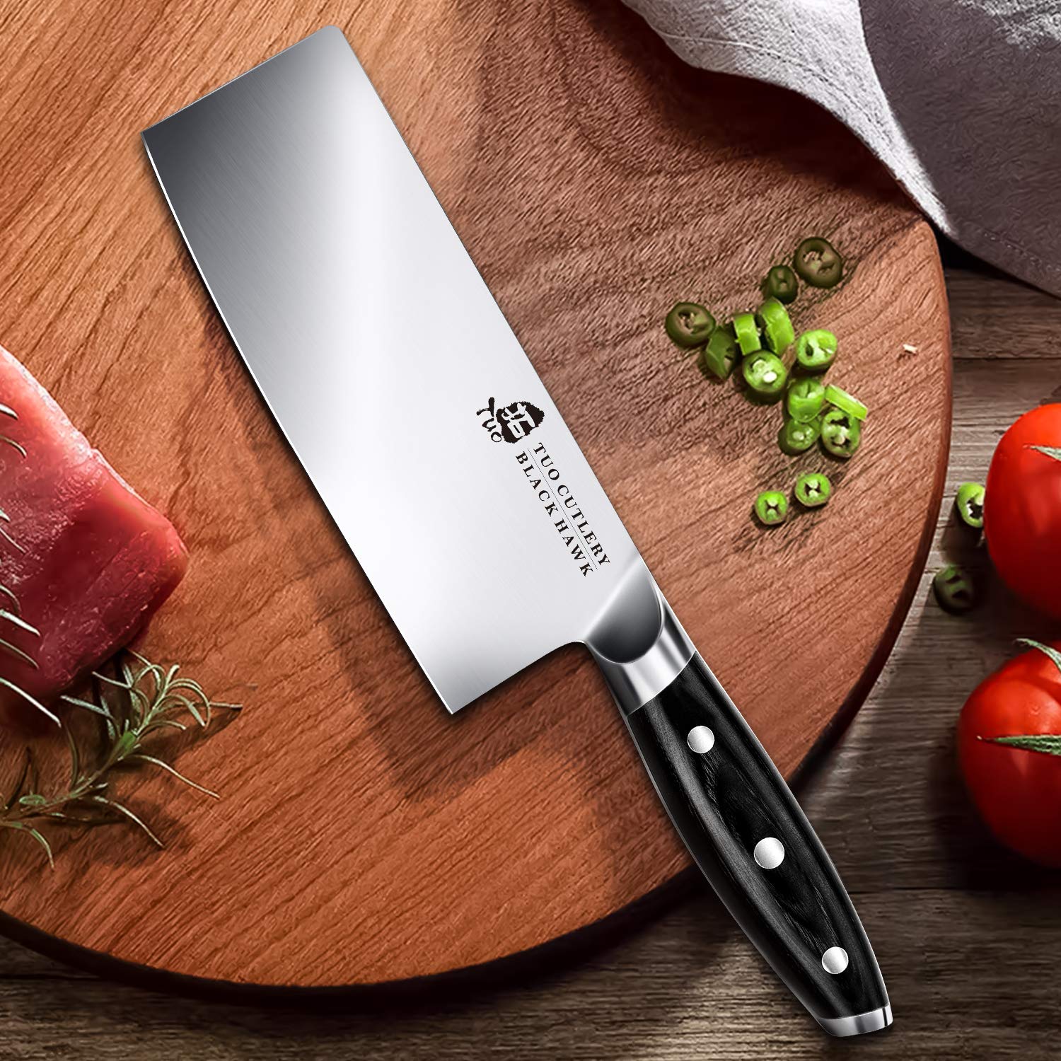 TUO Cleaver Knife - 7 inch Vegetable Meat Cleaver Knife - Chinese Cleaver - German HC Steel - Full Tang Pakkawood Handle - BLACK HAWK SERIES with Gift Box