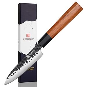 keemake paring knife japanese 4.5 inch small kitchen knife, forged japanese 440c stainless steel sharp fruit knife with octagonal wood handle