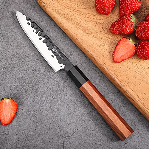KEEMAKE Paring knife Japanese 4.5 inch Small Kitchen Knife, Forged Japanese 440C Stainless Steel Sharp Fruit Knife with Octagonal Wood Handle
