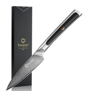 sunnecko paring knife 3.5 inch, fruit knife with 67-layers damascus steel vg-10 blade small knife, peeling knife with inlaid handle small kitchen knife perfect for cutting fruit vegetables petty knife