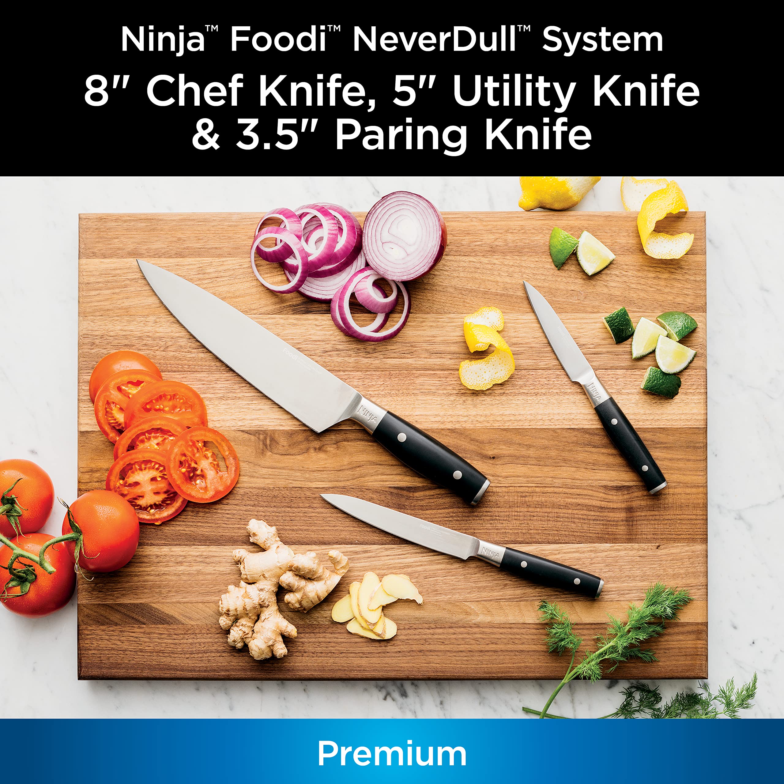 Ninja K32003 Foodi NeverDull System 3-Piece Chef Knife, Utility Knife & Paring Knife Set, Premium, German Stainless Steel, Black