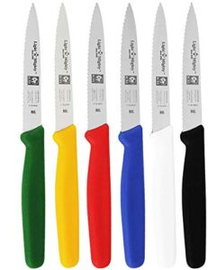 icel serrated paring knife set. great for all kind of kitchen prep work, like chopping mincing dicing. 6-piece set includes one red, blue, yellow, green, black and white knives light 'n' mighty