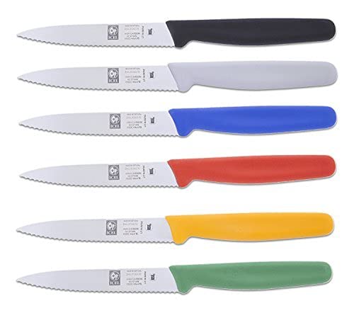 ICEL Serrated Paring Knife Set. Great for All Kind of Kitchen Prep work, Like Chopping Mincing Dicing. 6-Piece Set Includes One Red, Blue, Yellow, Green, Black and White knives Light 'n' Mighty