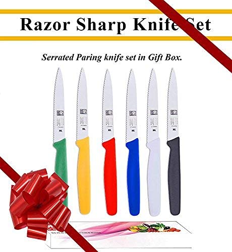 ICEL Serrated Paring Knife Set. Great for All Kind of Kitchen Prep work, Like Chopping Mincing Dicing. 6-Piece Set Includes One Red, Blue, Yellow, Green, Black and White knives Light 'n' Mighty