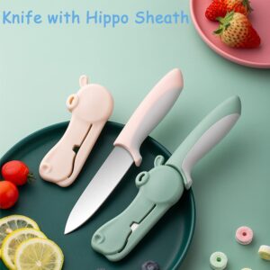 Jonbyi Paring Knife 4 inches, Kitchen Utility Knife - Ultra Sharp Stainless Steel Fruit Knife for Vegetables with Hippo Shaped Cover, Small Portable Pairing Knives Food knife with Sheath, Green