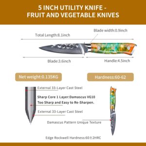 SANMUZUO 3.5 Inch Paring Knife - Fruit and Vegetable Peeling Knives, Forged Damascus Steel & Resin Handle - Yao Series