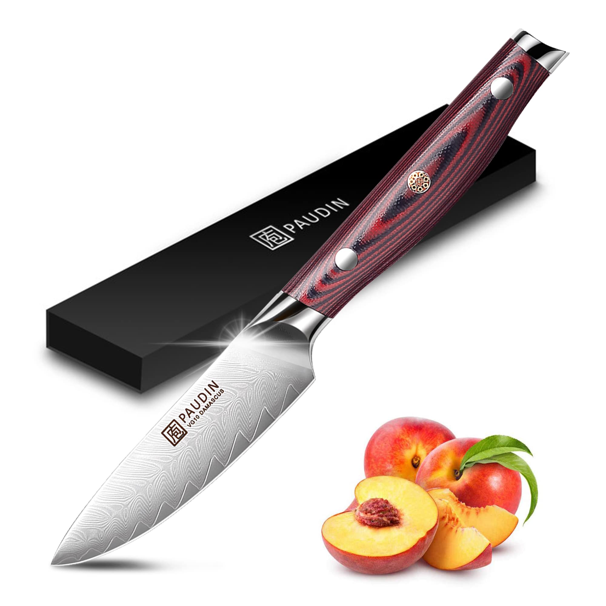 PAUDIN 3.5 Inch Paring Knife, Damascus Stainless Steel Blade Full Tang G10 Handle, Sharp VG10 Steel Fruit Knife and Vegetable Peeling Knife