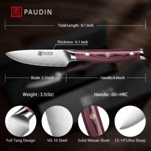 PAUDIN 3.5 Inch Paring Knife, Damascus Stainless Steel Blade Full Tang G10 Handle, Sharp VG10 Steel Fruit Knife and Vegetable Peeling Knife