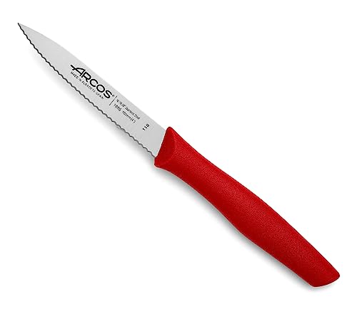 ARCOS 3 Pieces Paring Knife Set. 3 Peeling Knives of Stainless Steel and Ergonomic Polypropylene Handle for Cutting Fruits, Vegetables and Tubers. Series Nova. Color Red