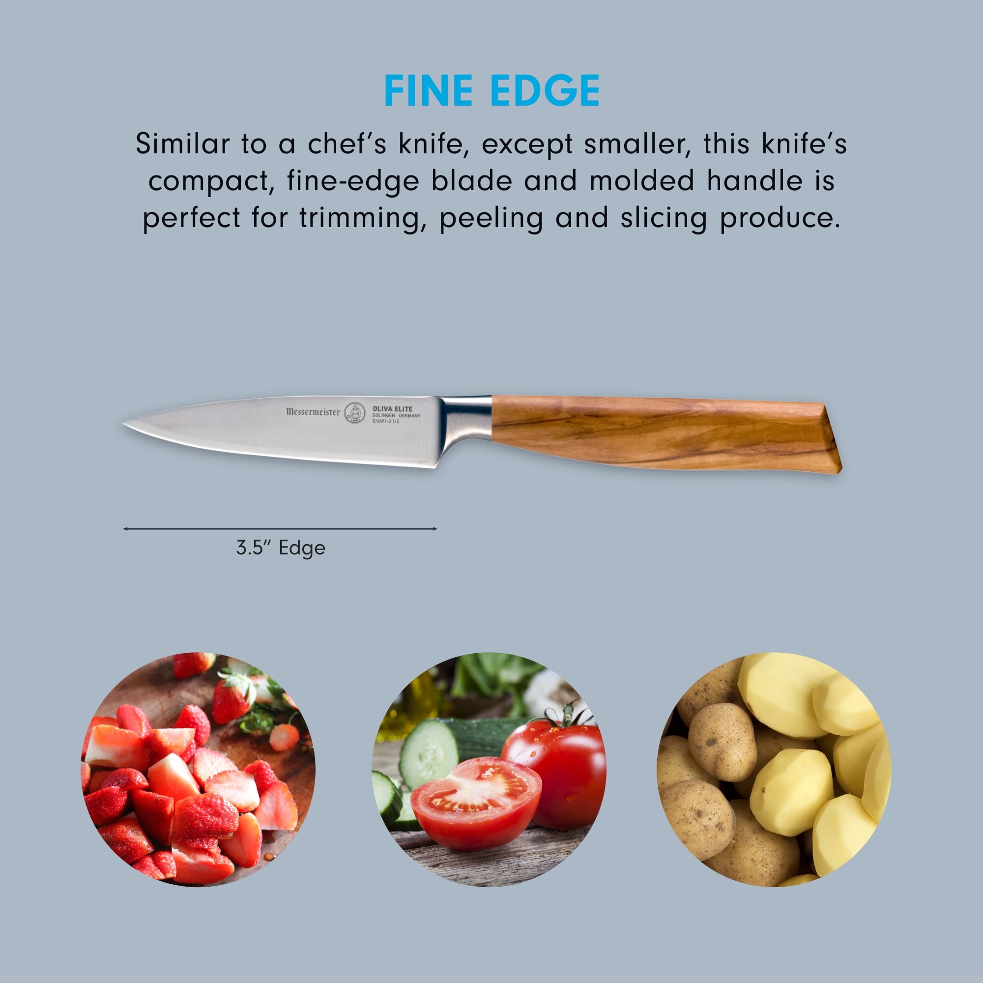 Messermeister Oliva Elite 3.5” Paring Knife - Fine German Steel Alloy Blade & Natural Mediterranean Olive Wood Handle - Rust Resistant & Easy to Maintain