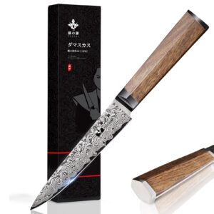 fujuni kitchen utility knife 5 inch damascus small chef knife 67-layer damascus vg10 steel ultra sharp professional paring knife with hexagon natural wood handle