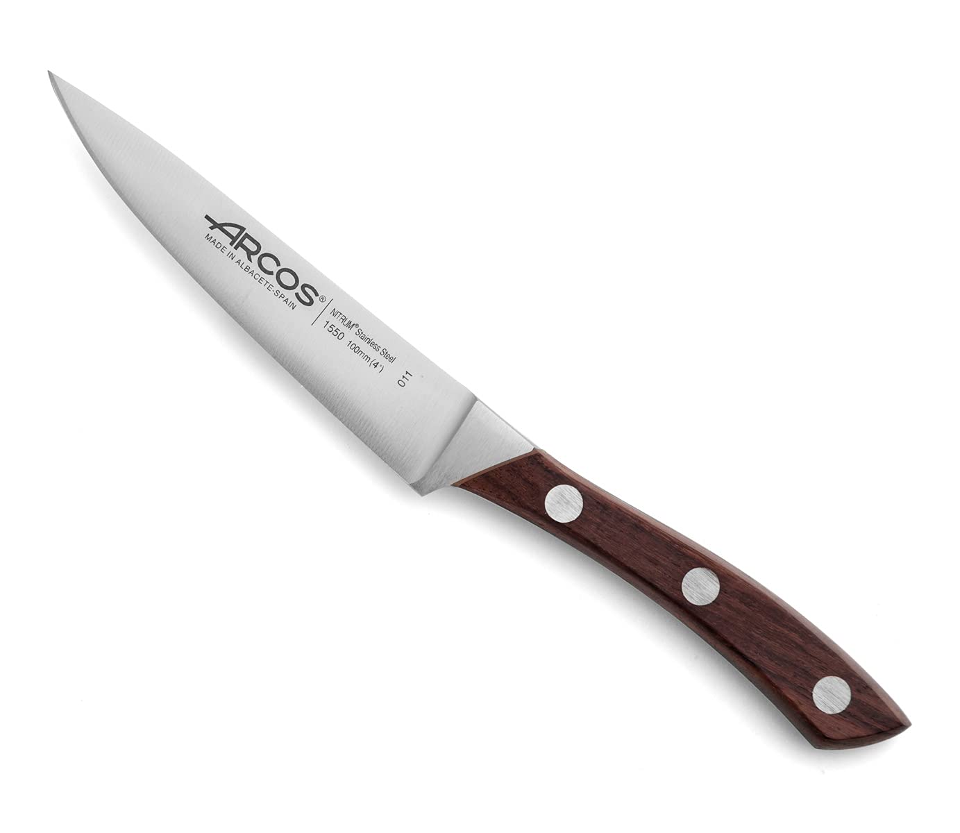 Arcos Paring knife 4 inches Nitrum Stainless Steel.Paring Knife for Peeling Fruits and Vegetables. Wooden Handle and blade 100 mm. Rust & Wear Resistant. Series Natura. Color Brown