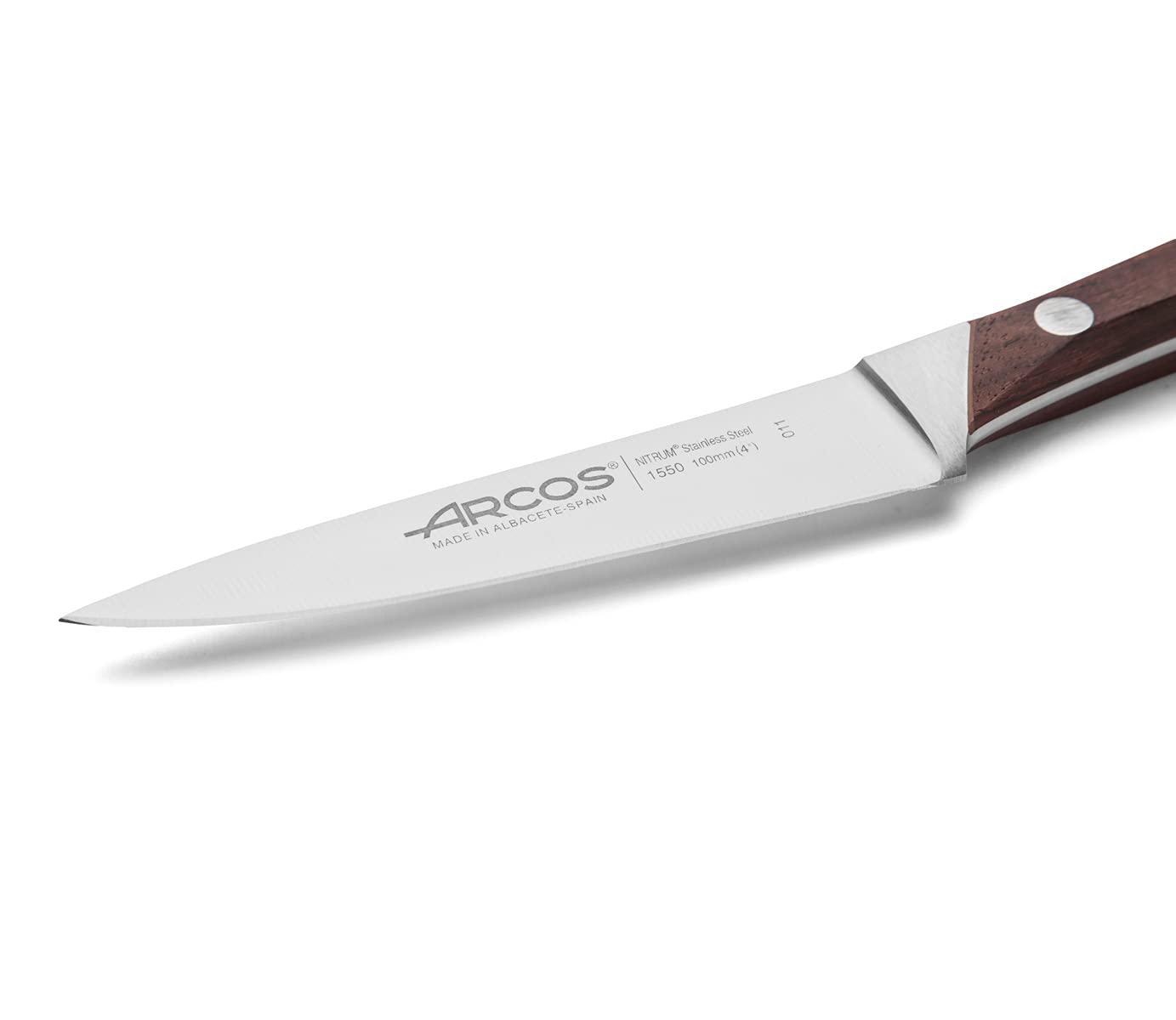 Arcos Paring knife 4 inches Nitrum Stainless Steel.Paring Knife for Peeling Fruits and Vegetables. Wooden Handle and blade 100 mm. Rust & Wear Resistant. Series Natura. Color Brown