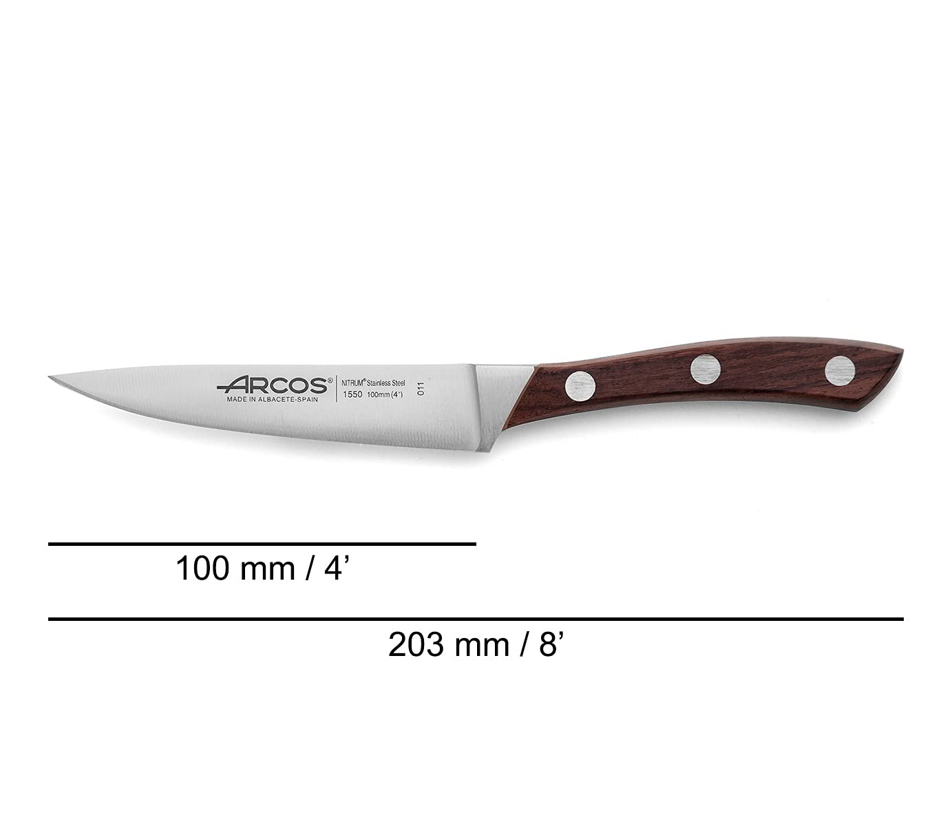 Arcos Paring knife 4 inches Nitrum Stainless Steel.Paring Knife for Peeling Fruits and Vegetables. Wooden Handle and blade 100 mm. Rust & Wear Resistant. Series Natura. Color Brown