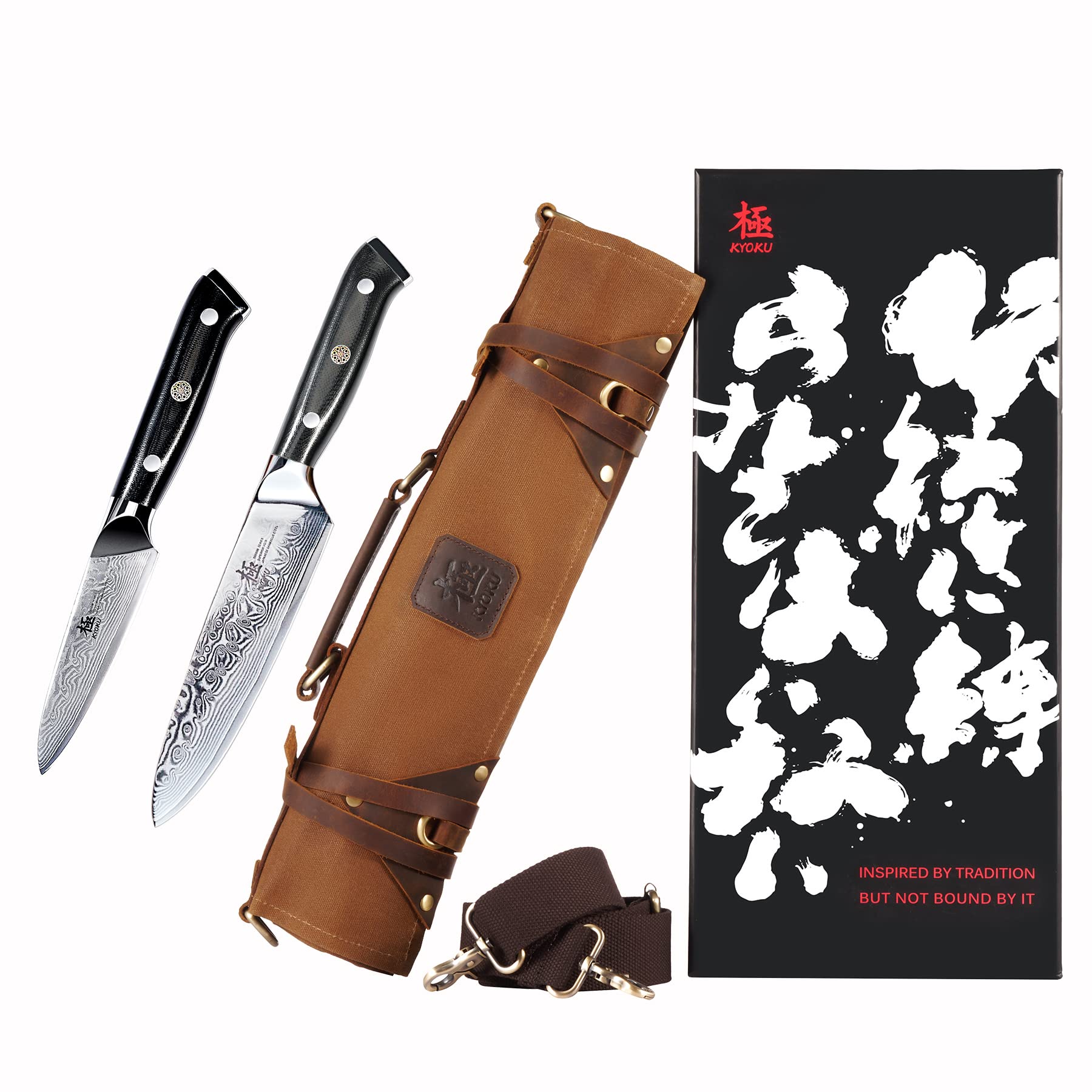 KYOKU Shogun Series Paring Knife + Chef Utility Knife + Professional Brown Chef Knife Roll Bag