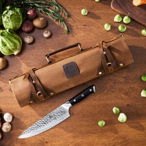 KYOKU Shogun Series Paring Knife + Chef Utility Knife + Professional Brown Chef Knife Roll Bag