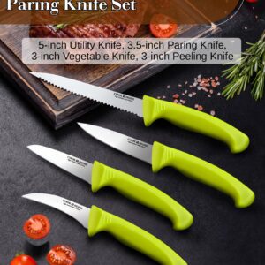 Cook N Home Paring Knife Set 4-Piece, High Carbon German Stainless Steel Kitchen Knives, Includes-Utility, Paring, Vegetable, Peeling Knife, Ergonomic Handle, Green