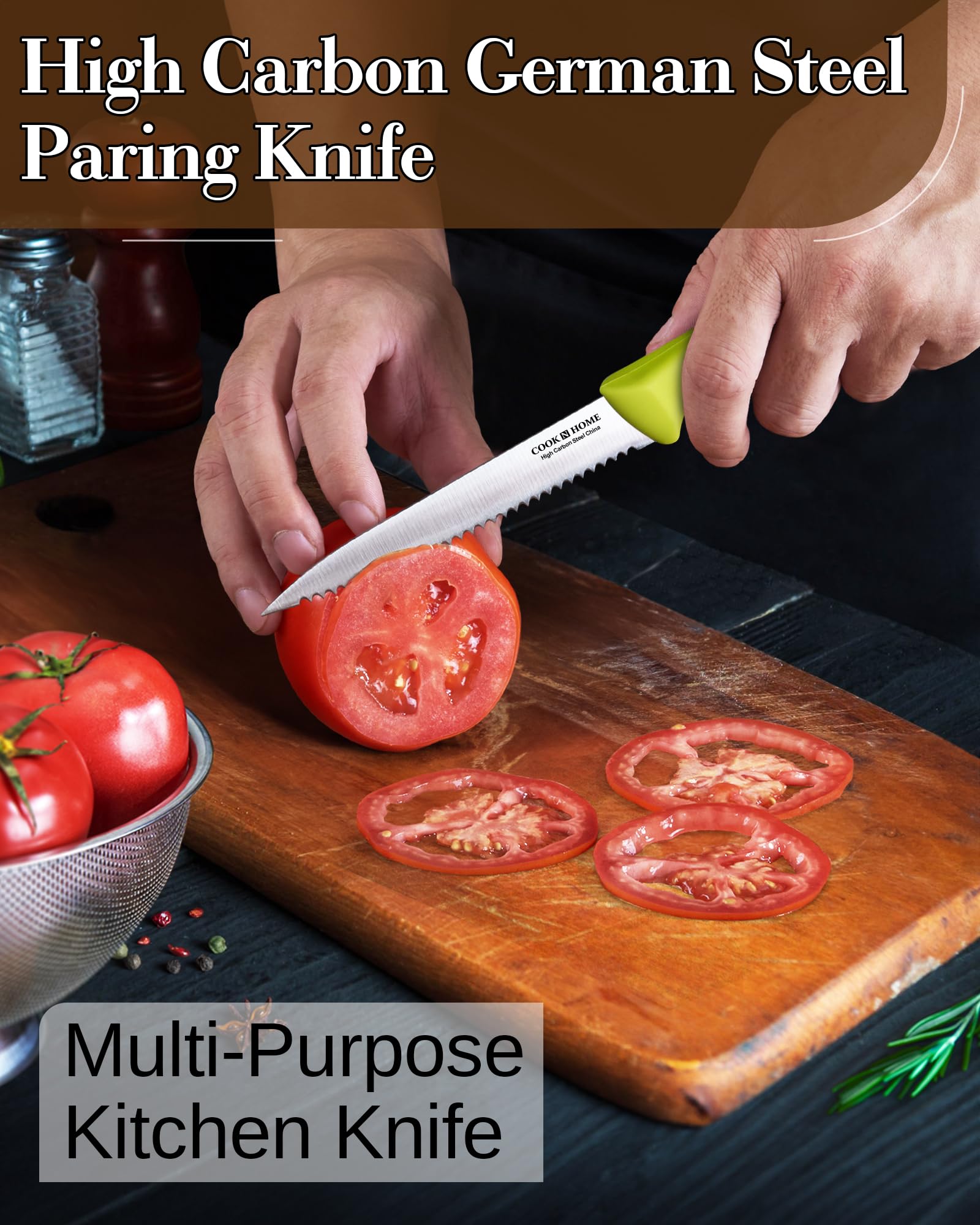 Cook N Home Paring Knife Set 4-Piece, High Carbon German Stainless Steel Kitchen Knives, Includes-Utility, Paring, Vegetable, Peeling Knife, Ergonomic Handle, Green