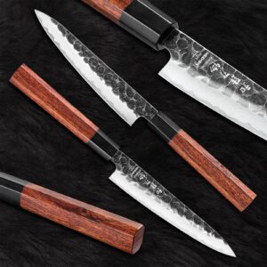 HEZHEN 6" Utility Knife, Clad Steel Composite Forging Steel Universal Knife, Petty Knife Paring Fruit Peeling,Japanese Style Kitchen Knife,Natural Wood Octagonal Handle