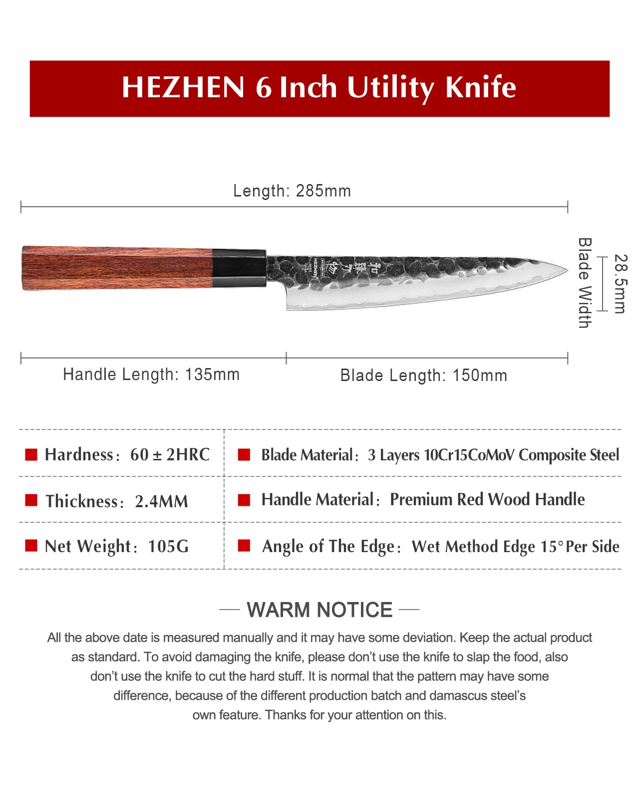 HEZHEN 6" Utility Knife, Clad Steel Composite Forging Steel Universal Knife, Petty Knife Paring Fruit Peeling,Japanese Style Kitchen Knife,Natural Wood Octagonal Handle