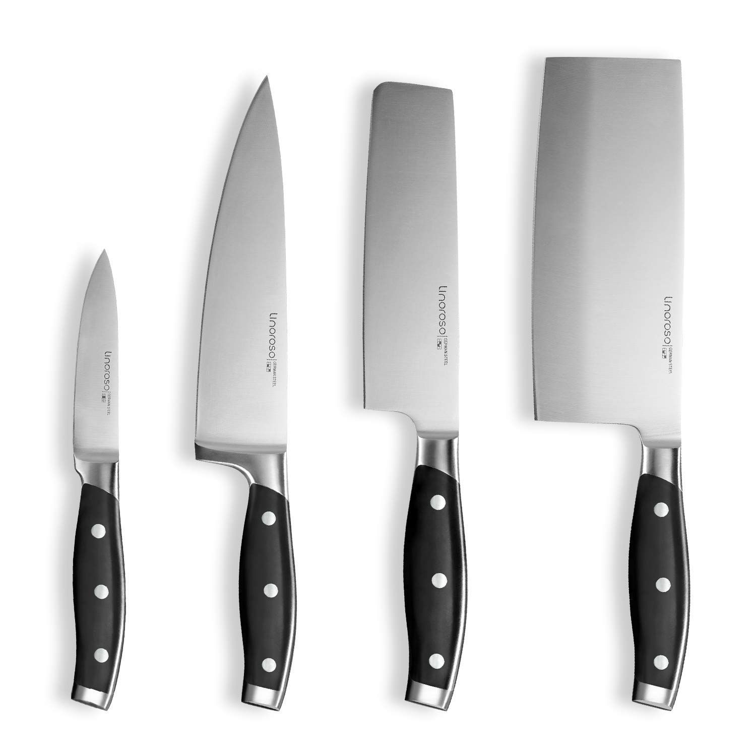 linoroso 4-Piece Classic Sharp German High Carbon Stainless Steel Chef Knife Set Kichen Knife Set, Includes 8'' Chef Knife, 7.5'' Chinese Cleaver, 7'' Nakiri Knife and 3.5'' Fruit Paring Knife