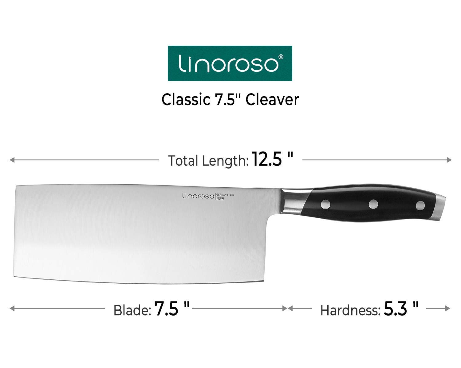 linoroso 4-Piece Classic Sharp German High Carbon Stainless Steel Chef Knife Set Kichen Knife Set, Includes 8'' Chef Knife, 7.5'' Chinese Cleaver, 7'' Nakiri Knife and 3.5'' Fruit Paring Knife