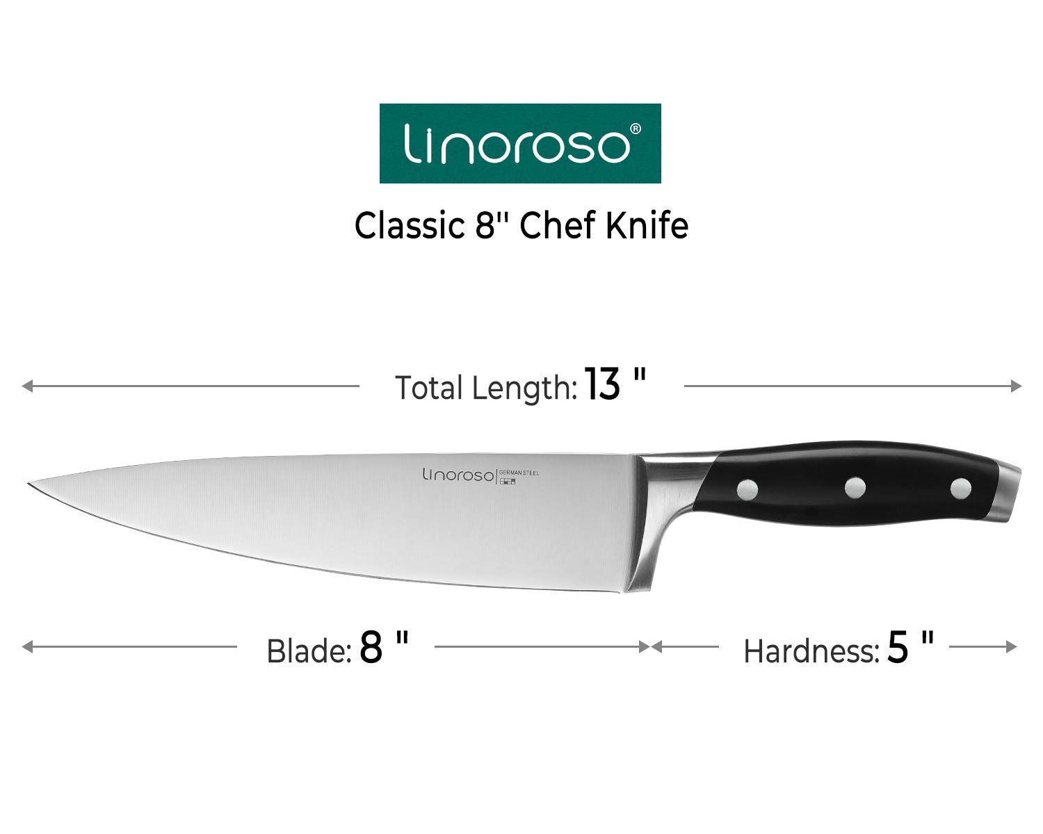 linoroso 4-Piece Classic Sharp German High Carbon Stainless Steel Chef Knife Set Kichen Knife Set, Includes 8'' Chef Knife, 7.5'' Chinese Cleaver, 7'' Nakiri Knife and 3.5'' Fruit Paring Knife