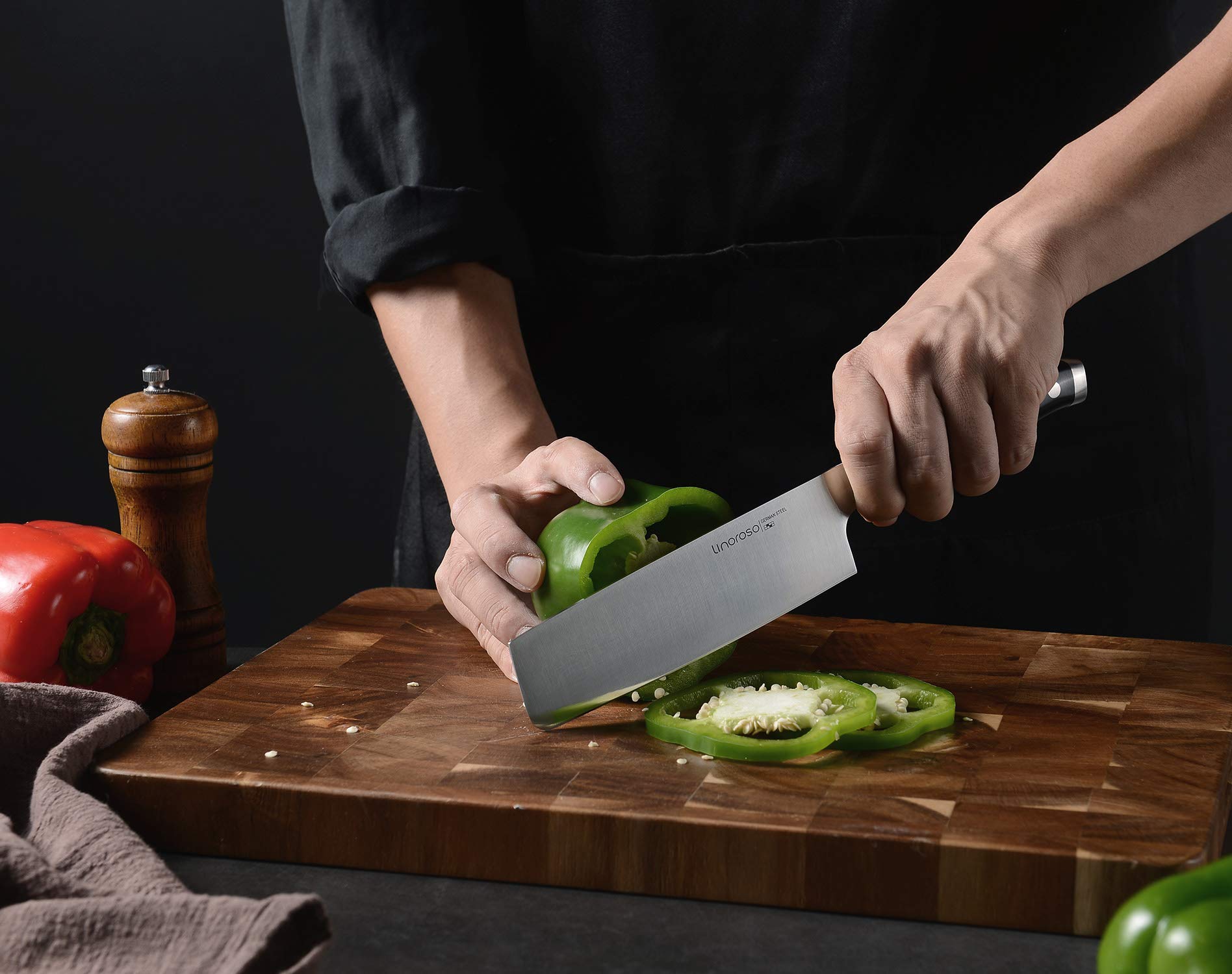 linoroso 4-Piece Classic Sharp German High Carbon Stainless Steel Chef Knife Set Kichen Knife Set, Includes 8'' Chef Knife, 7.5'' Chinese Cleaver, 7'' Nakiri Knife and 3.5'' Fruit Paring Knife