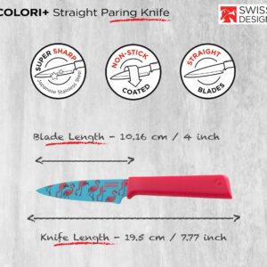 KUHN RIKON Tropics Flamingo Colori+ Non-Stick Straight Paring Knife with Safety Sheath, Stainless Steel
