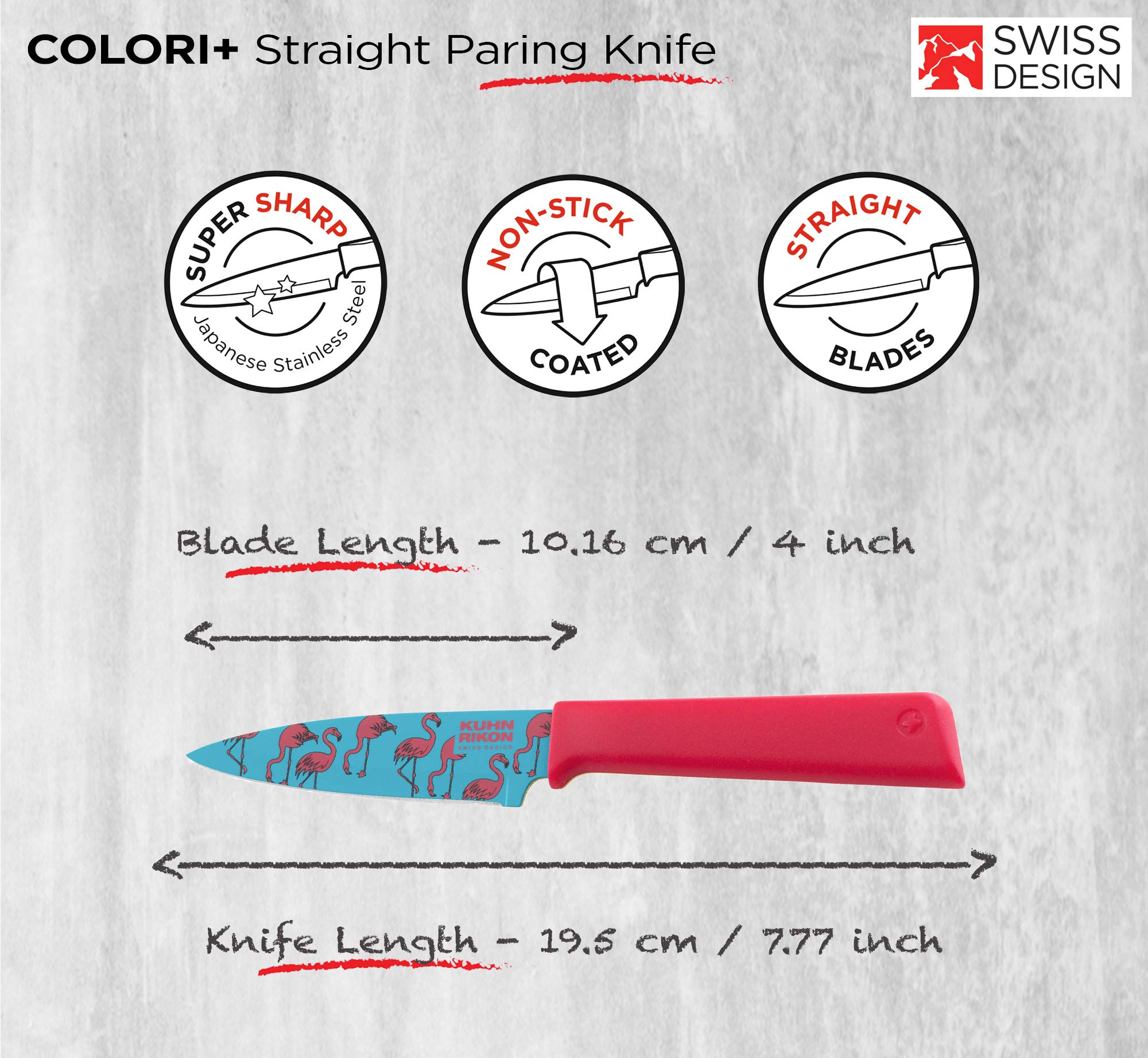 KUHN RIKON Tropics Flamingo Colori+ Non-Stick Straight Paring Knife with Safety Sheath, Stainless Steel