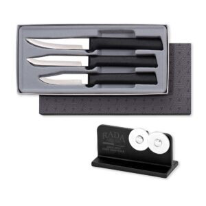 rada set of 3 black handled paring knives with knife sharpener