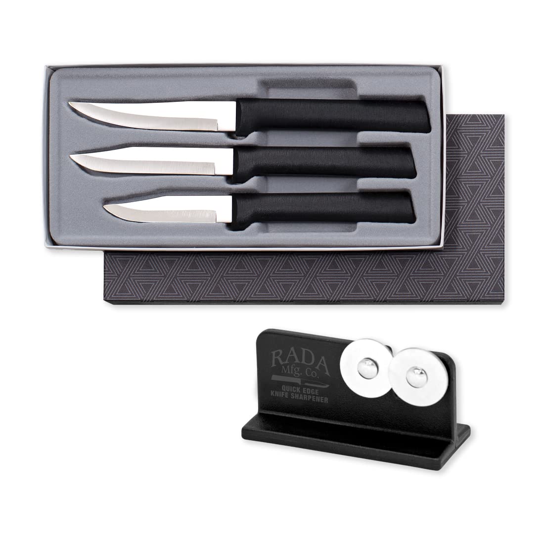 RADA Set of 3 Black Handled Paring Knives With Knife Sharpener