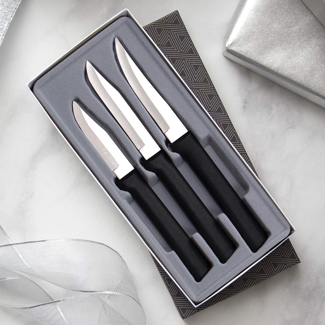 RADA Set of 3 Black Handled Paring Knives With Knife Sharpener