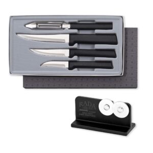 rada meal prep 4-piece black handled paring knife gift set with knife sharpener