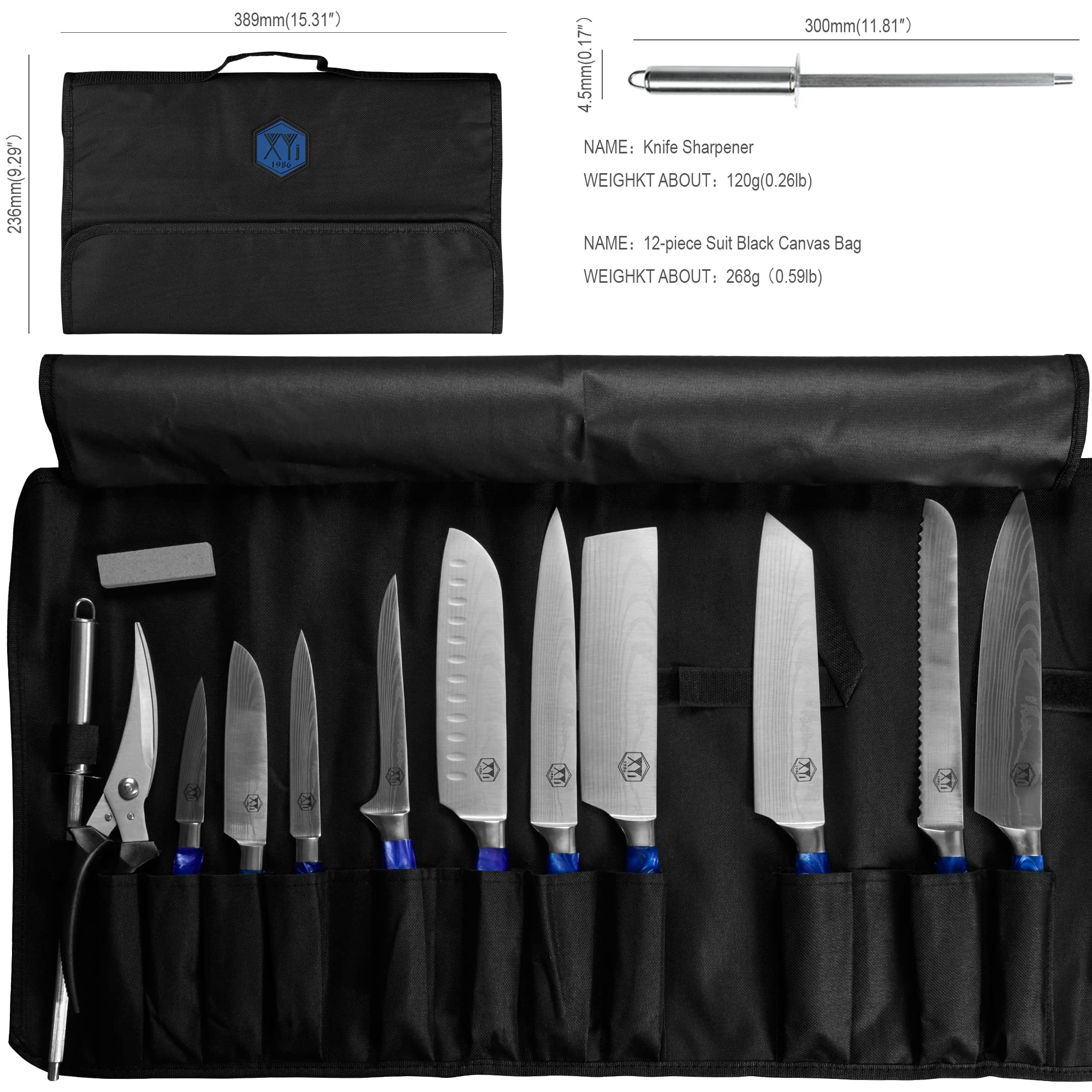 XYJ Kitchen Knife Set Paring Utility Santoku Slicing Bread Chef Knife Handmade Forged Butcher Knife With Carry Sheath Roll Bag Sharpener Rod Mini Whetstone