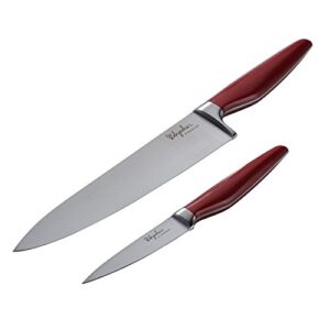 ayesha curry cutlery japanese stainless steel knife cooking knives set with sheaths, 8-inch chef knife, 3.5-inch paring knife, sienna red