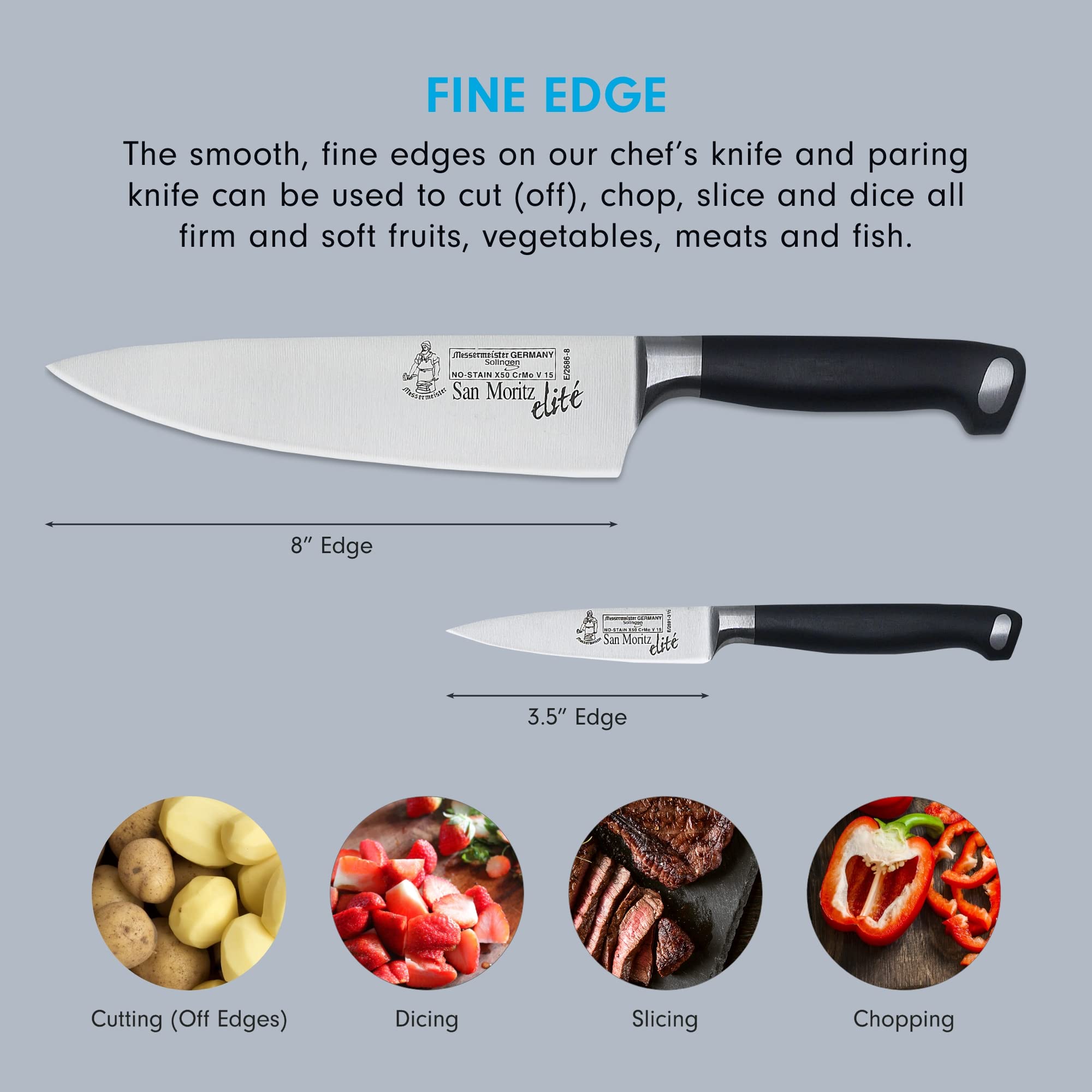 Messermeister San Moritz Chef & Parer Set - Includes 8" Stealth Chef's Knife & 3.5" Paring Knife - Rust Resistant & Easy to Maintain