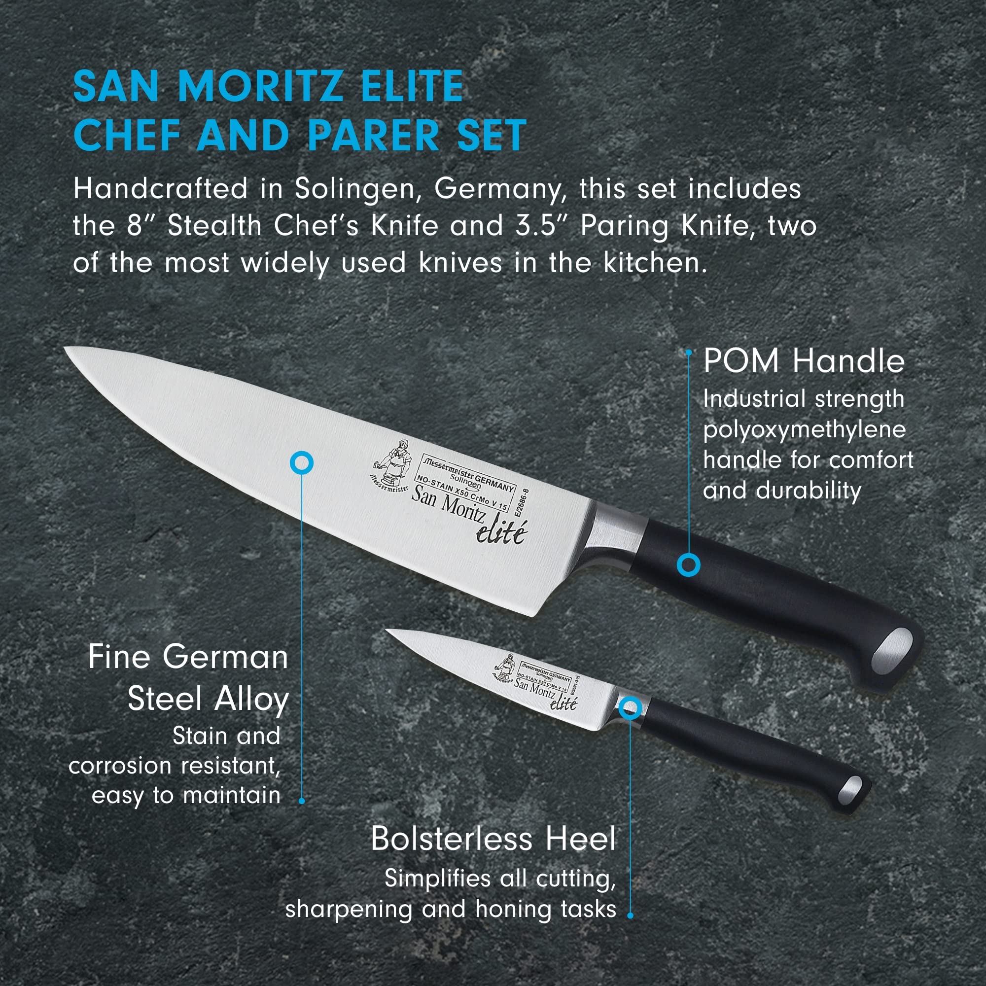 Messermeister San Moritz Chef & Parer Set - Includes 8" Stealth Chef's Knife & 3.5" Paring Knife - Rust Resistant & Easy to Maintain